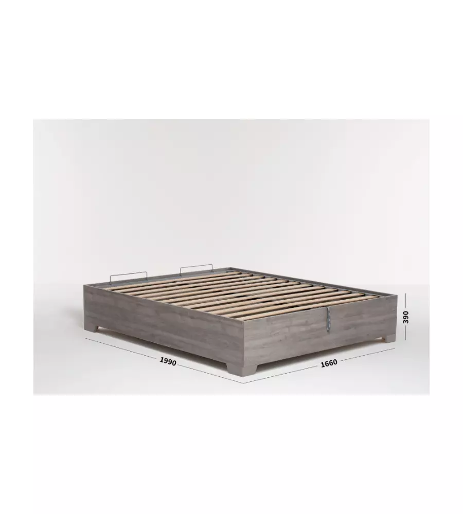 Letto matrimoniale 'bed box' rovere grigio con rete, contenitore e piedini 160x190 cm